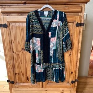 Anthropologie Maeve Patchwork Dress Boho Mini Dress Mixed Print Lace Lightweight